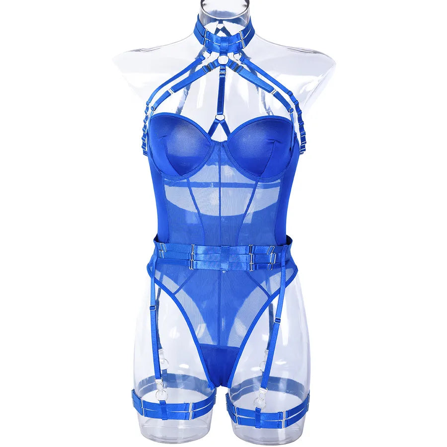 european station cross-border new sexy jumpsuit ins mesh strap stitching complex heavy craft neck sling leg ring