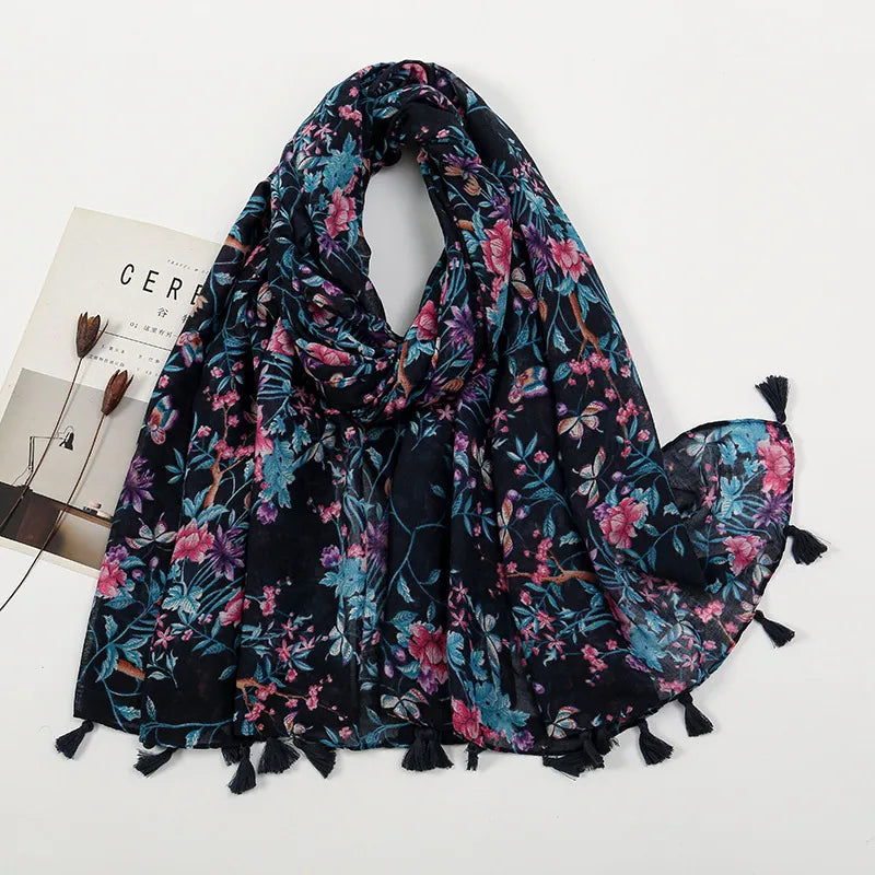 women's sweet flower cotton and linen tassel silk scarves