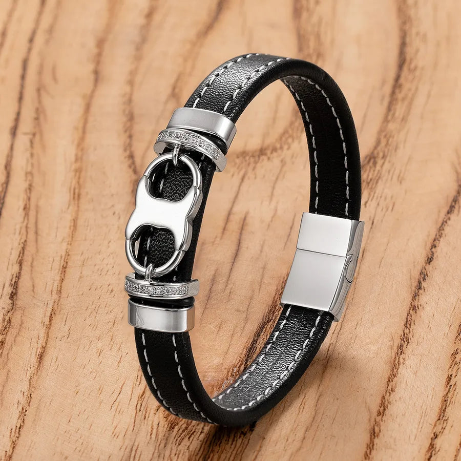 Punk Simple Style Classic Style Geometric Leather rope Metal Inlay Rhinestones Men's Bracelets Men Cord & Leather Bracelets