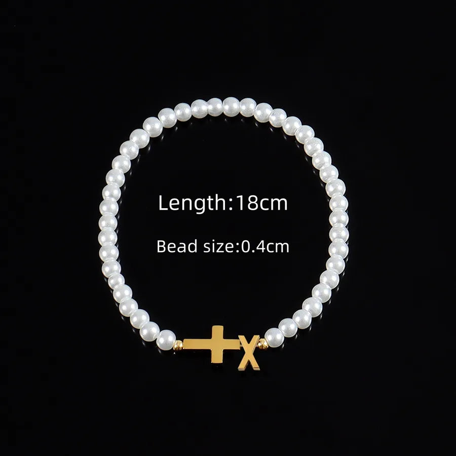 Classic Style Cross Letter 304 Stainless Steel Artificial Pearl Beaded Chain Beaded Bracelets Wholesale