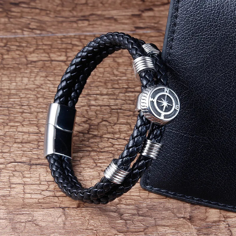 Vintage Style Classic Style Geometric Pu Leather Titanium Steel Woven Chain Wrap Bracelets Wholesale