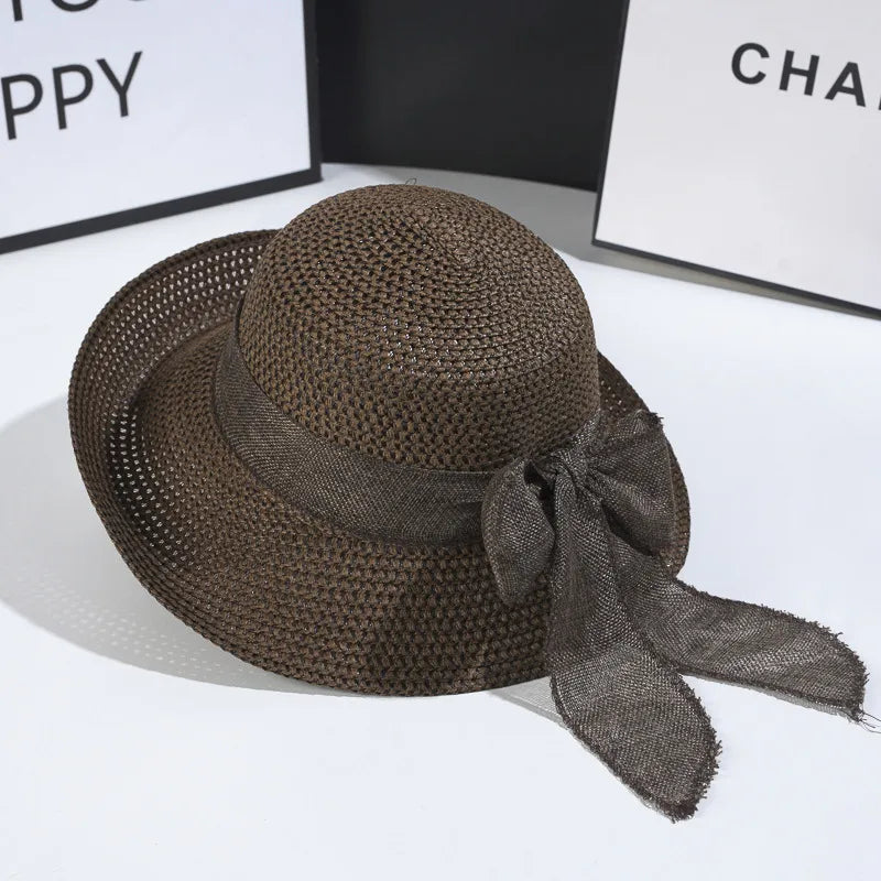 women's vintage style bow knot hollow out crimping straw hat