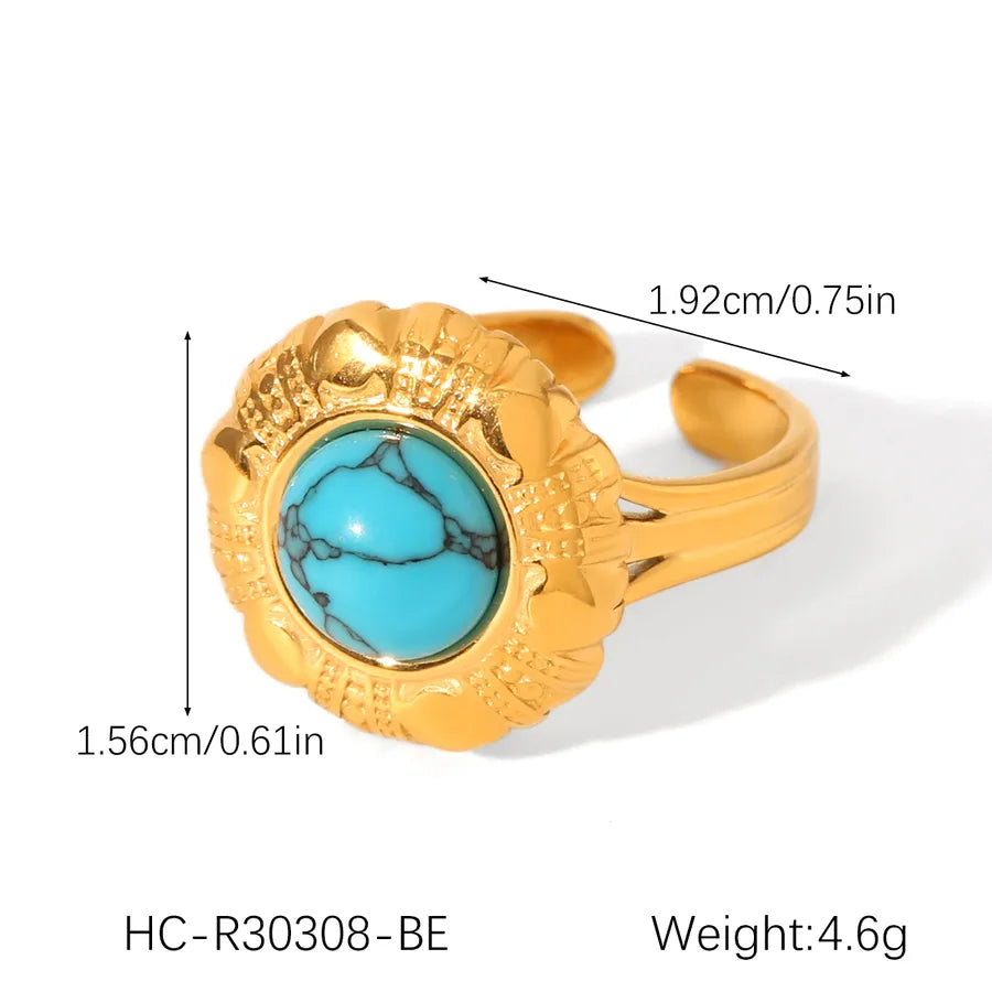 Wholesale Jewelry Casual Retro Irregular Oval Eye 304 Stainless Steel Natural Stone Turquoise 18K Gold Plated Polishing Plating Inlay Open Rings Rings
