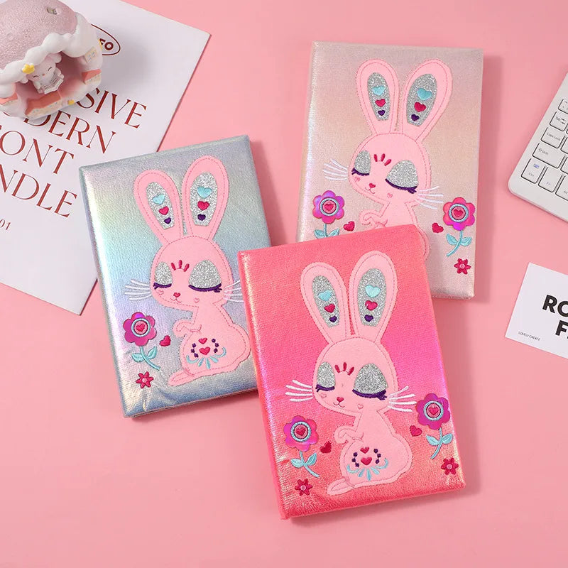 Adorable Cartoon  And Rabbit Handmade Notebook Journal For Kids And Teenage Girls Sparkling Memo Book Simple Style