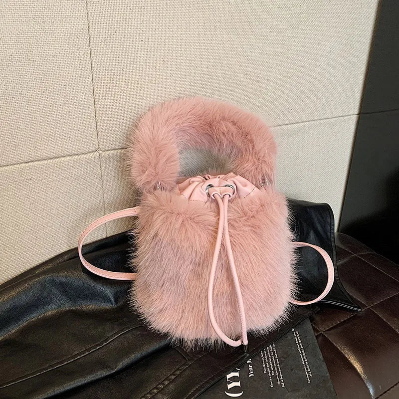 Women's Plush Solid Color Streetwear Bucket String Shoulder Bag Crossbody Bag Bucket Bag