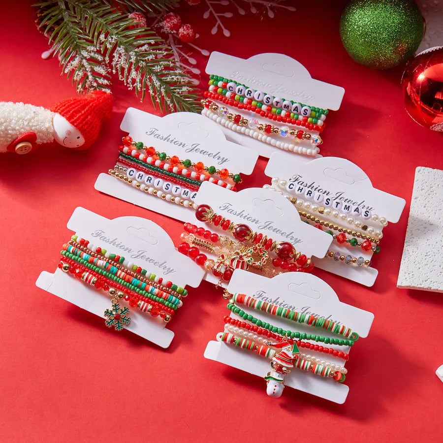 Handmade Christmas Themed Beaded Bracelet Set For Women Soft Clay Snowflake Letter Bracelets  Style