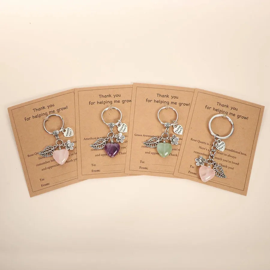 Crystal Heart Keychain Thank You Teacher Flower Leaf Purple Crystal Pink Quartz Keyring Crystal Heart Shaped Keychain Pendant