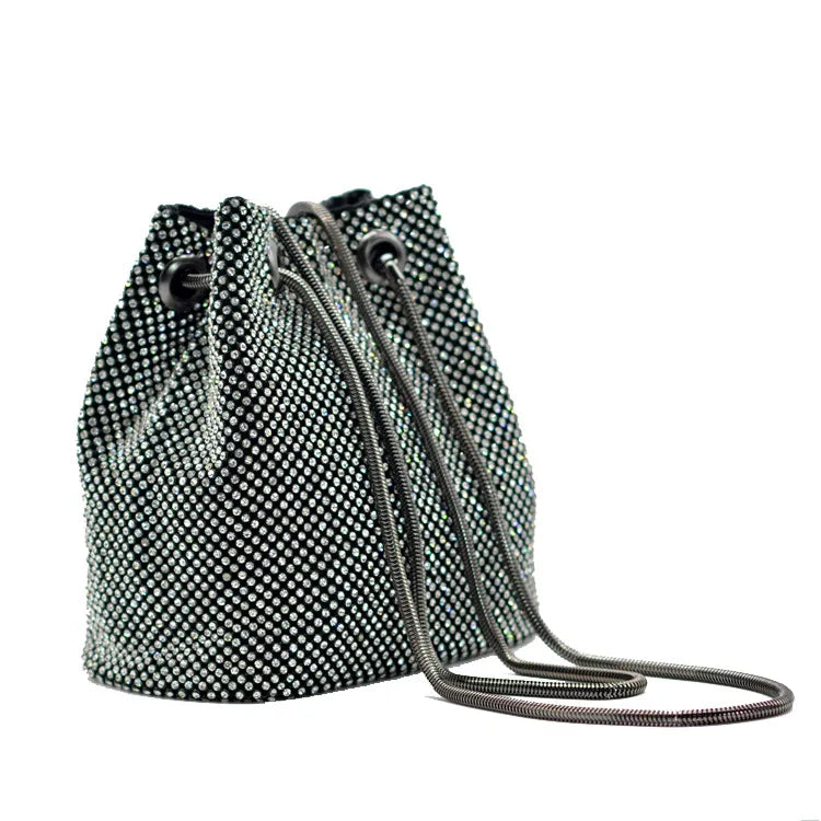 black gold silver rhinestone satin solid color rhinestone bucket evening bags