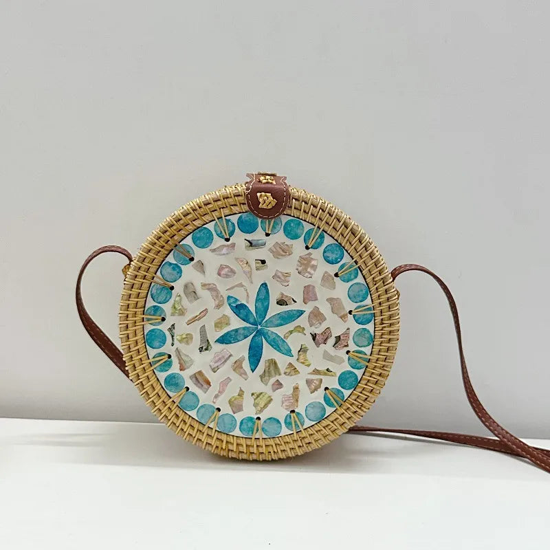 Women's Medium Rattan Floral Elegant Magnetic Buckle Dome Bag