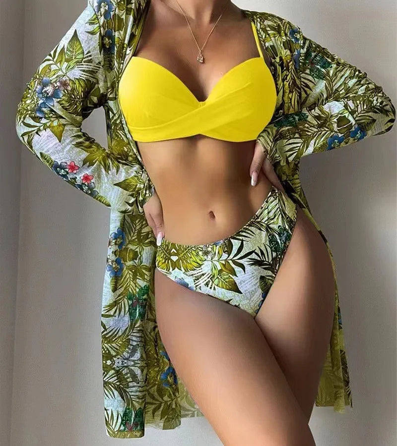 Women's Vacation Printing Solid Color 3 Pieces Set Bikinis Swimwear