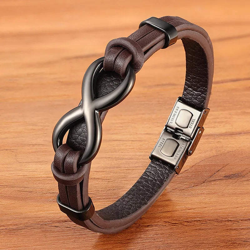 Vintage Style Infinity Pu Leather Titanium Steel Woven Chain Wrap Bracelets Wholesale