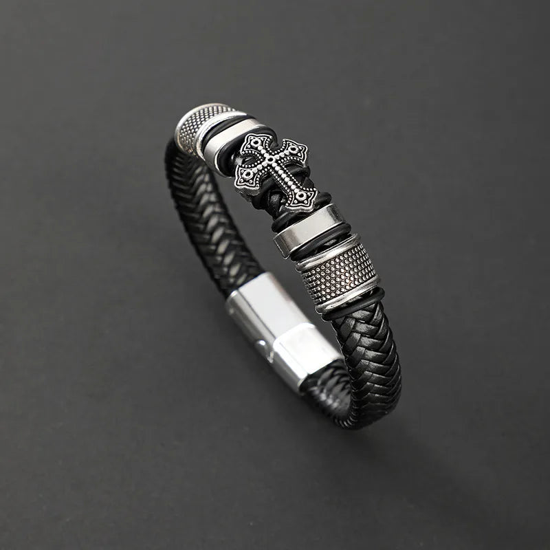 Vintage Style Classic Style Cross Pu Leather Titanium Steel Woven Chain Wrap Bracelets Wholesale