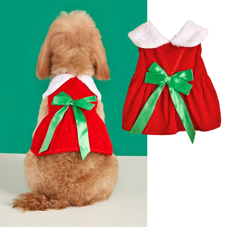Christmas Theme Green Bow Tie Red Christmas Skirt Warm Small Medium Pet Sweater Princess Style Velvet Material Dog Clothes