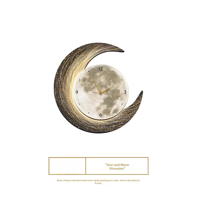Moon Clock Living Room Clock Decoration Painting Silent Wind Wall Lamp Bedroom Creative Internet Celebrity Hanging Watch Mute Light Luxury Mural