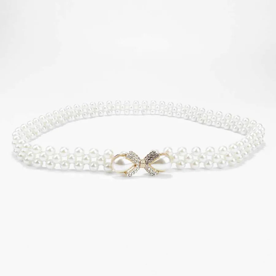 sweet oval flower bow knot imitation pearl metal inlay rhinestones women's chain belts