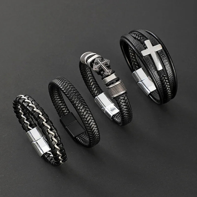 Vintage Style Classic Style Cross Pu Leather Titanium Steel Woven Chain Wrap Bracelets Wholesale