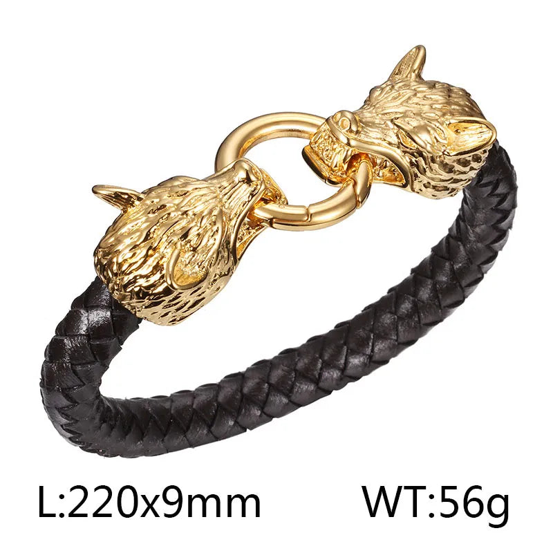 retro color block pu leather titanium steel plating gold plated men's bangle