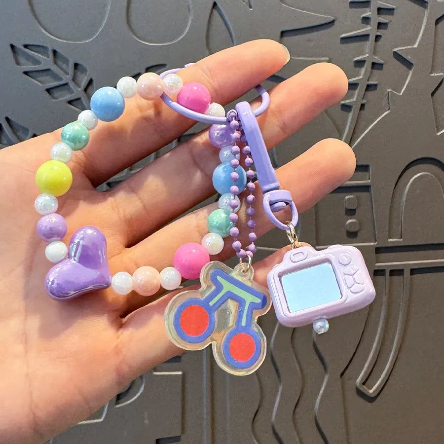 Cute Metal Keychain Pendant Beaded Bookbag Girl's Bag Charm  Style Cartoon Design Half Handmade Flower