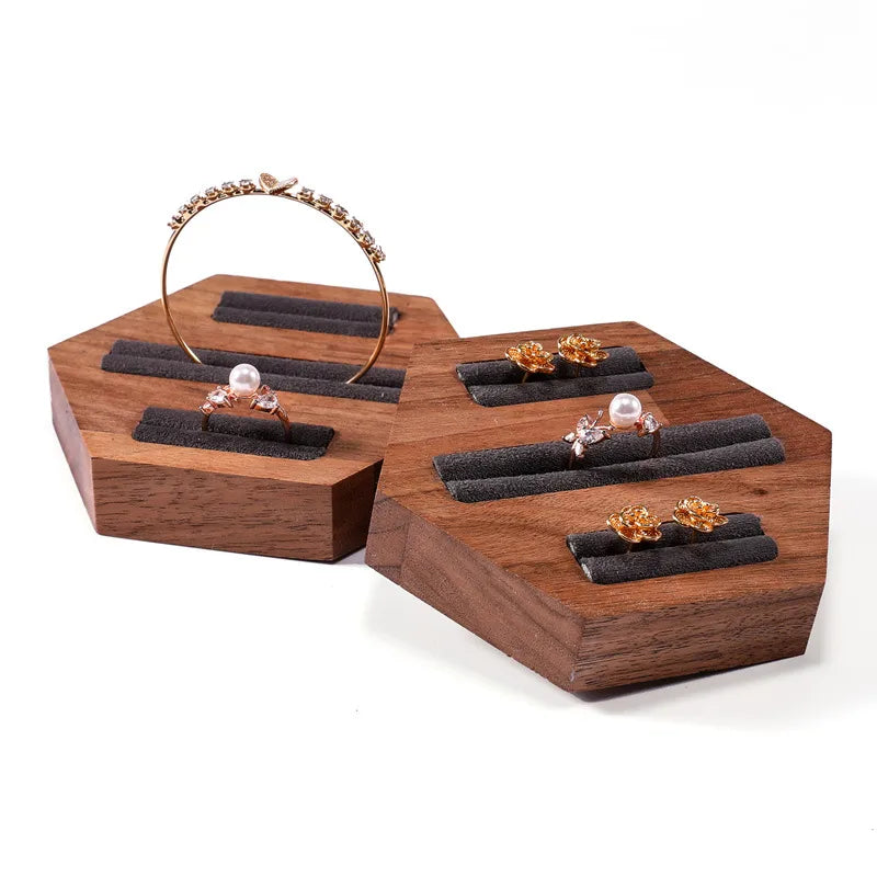 Walnut Wood Ring Display Stand Earring Display Tray Versatile Jewelry Tray Jewelry Stand Hexagonal Base Tray