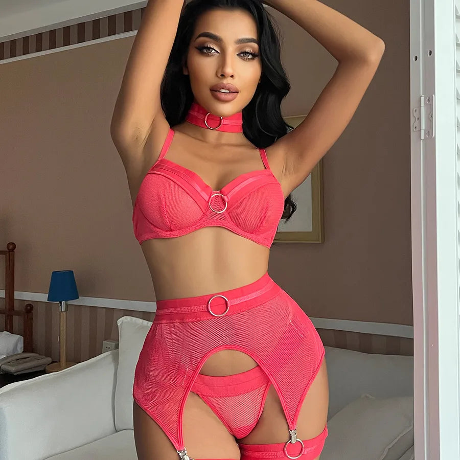 fashion solid color black hollow sexy lingerie suit