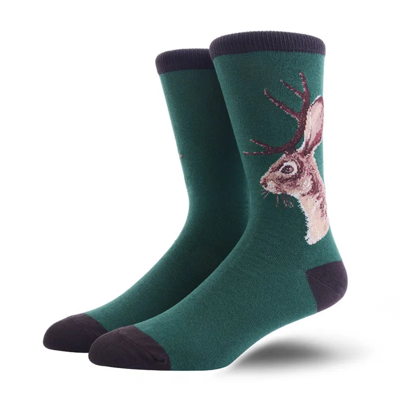 men's fashion animal cat elk nylon cotton jacquard crew socks