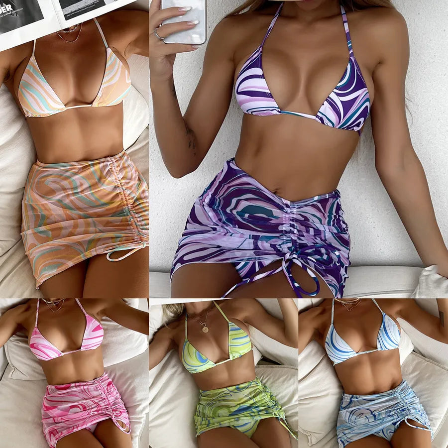 Women's Vacation Waves 3 Pieces Set Bikinis Swimwear