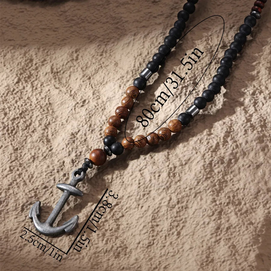 Wholesale Jewelry Casual Gothic British Style Anchor 304 Stainless Steel Wood Pendant Necklace Beaded Chain