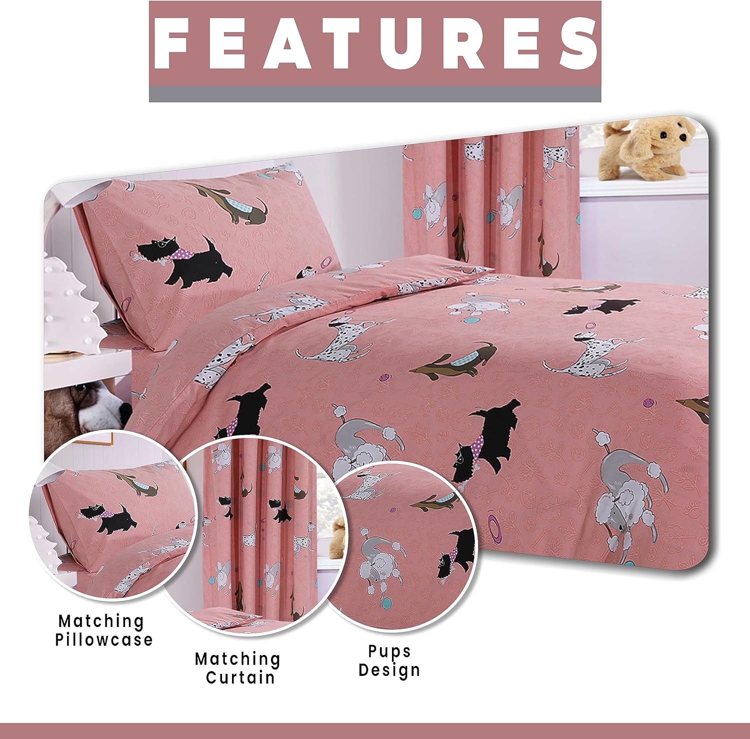 OLIVIA ROCCO Pink Dog Print Duvet Cover Set With Matching Curtains Cotton Blend Bedding For Kids And Adults Machine Washable