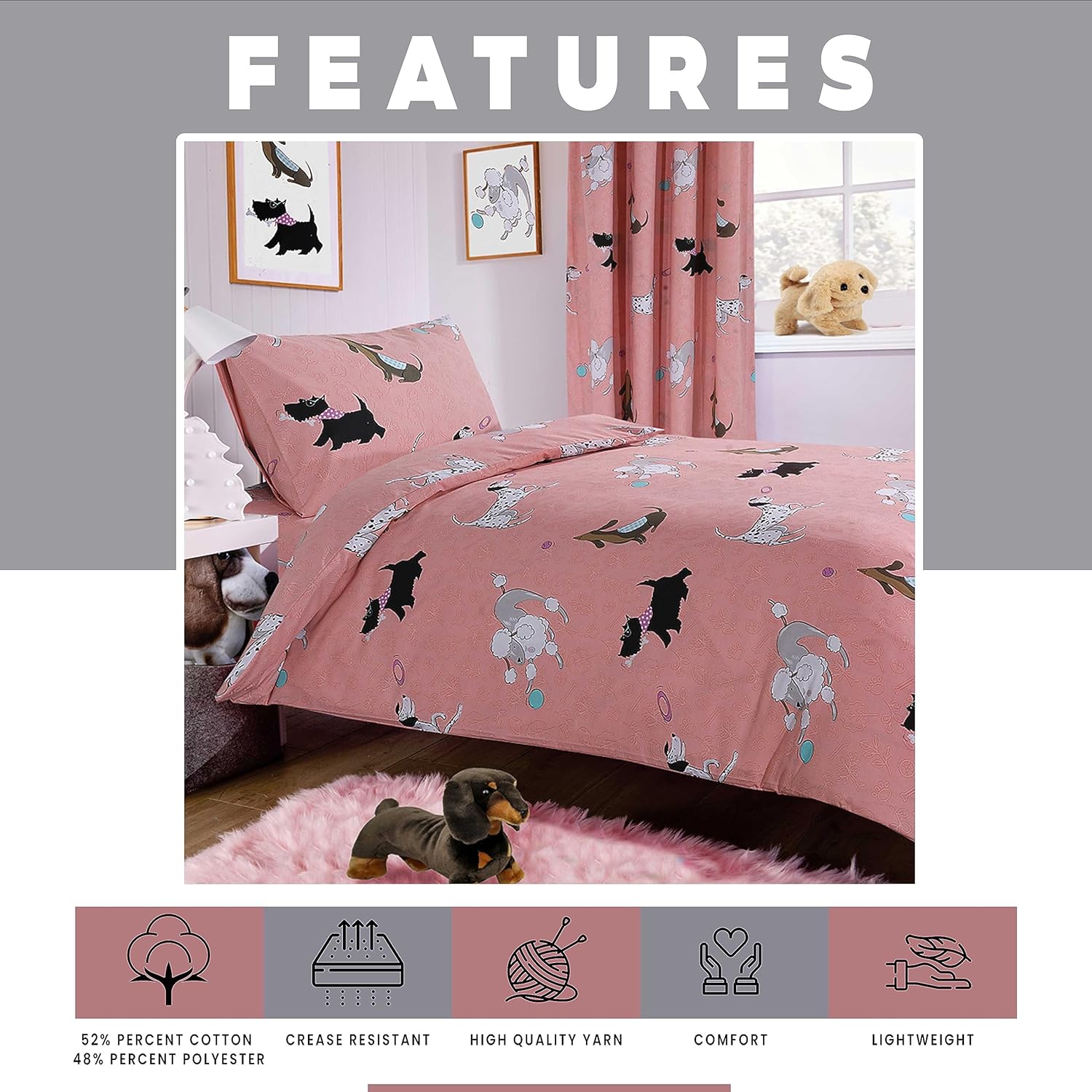 OLIVIA ROCCO Pink Dog Print Duvet Cover Set With Matching Curtains Cotton Blend Bedding For Kids And Adults Machine Washable