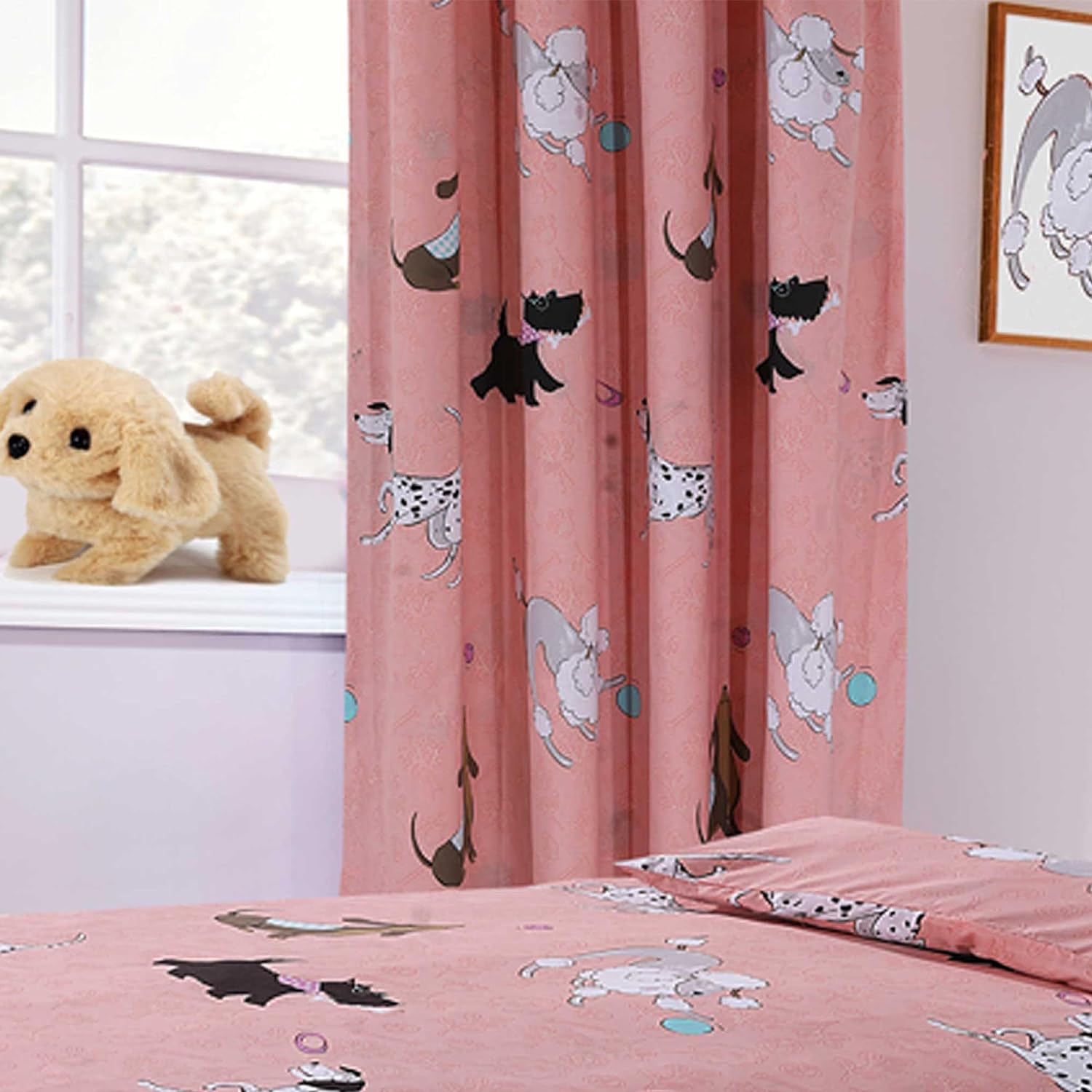OLIVIA ROCCO Pink Dog Print Duvet Cover Set With Matching Curtains Cotton Blend Bedding For Kids And Adults Machine Washable