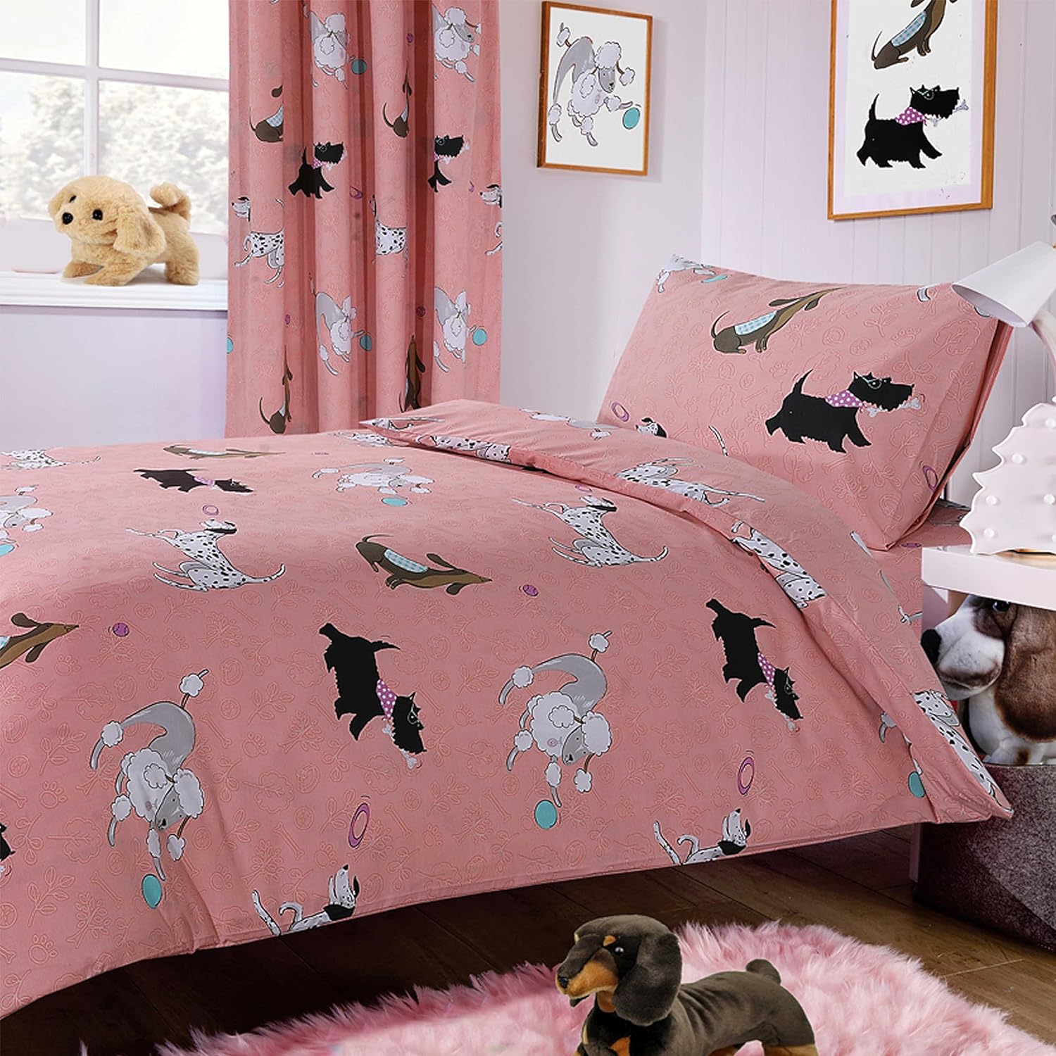 OLIVIA ROCCO Pink Dog Print Duvet Cover Set With Matching Curtains Cotton Blend Bedding For Kids And Adults Machine Washable
