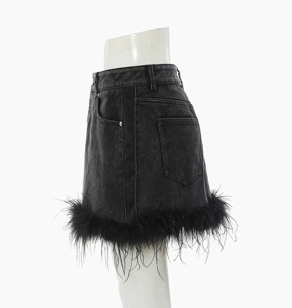 Feathered Elegance A-Line Denim Skirt for Women - Chic High-Rise Summer Fashion