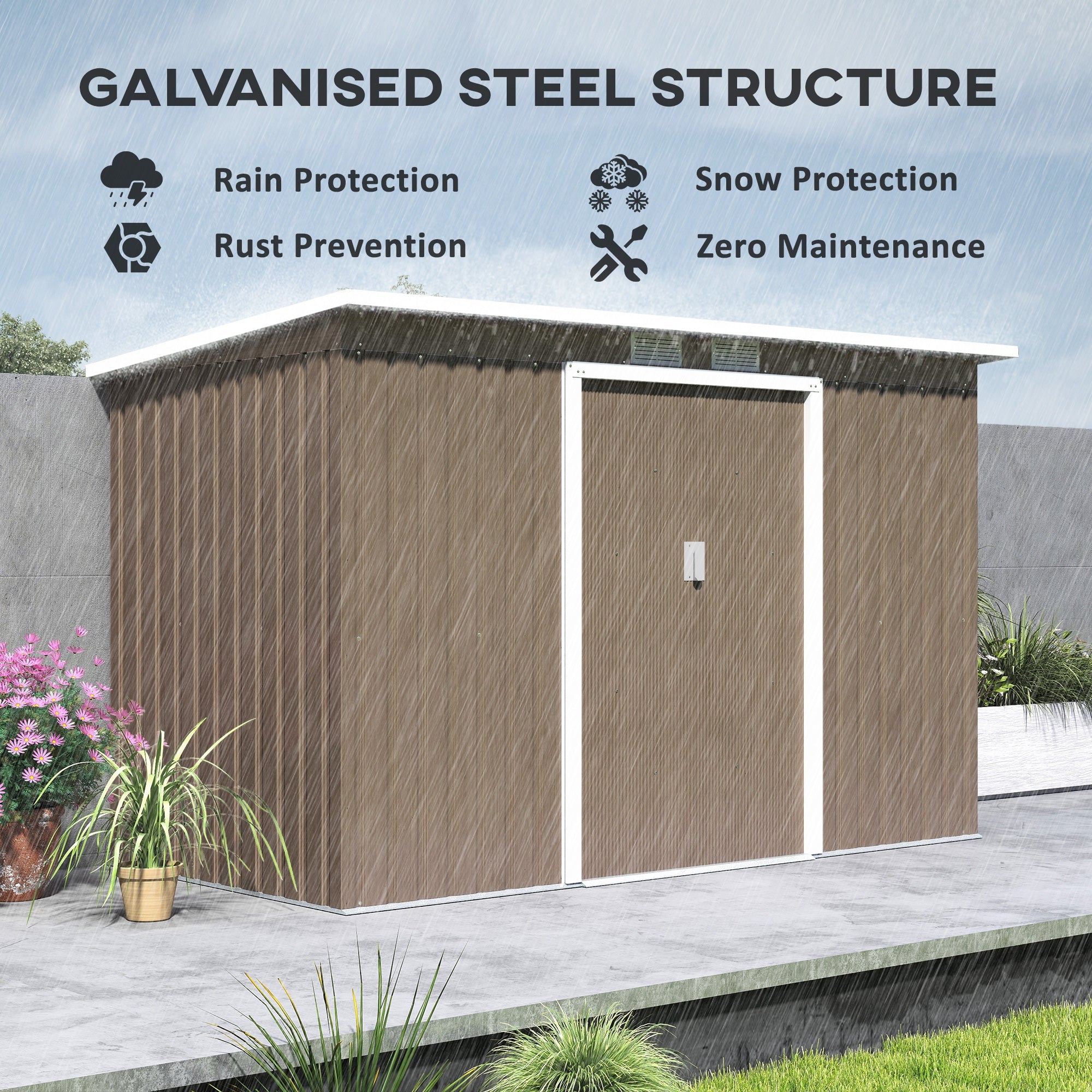 Outsunny 9 x 4FT Metal Garden Storage Shed w/ 2 Door, Light Grey Wood Grain