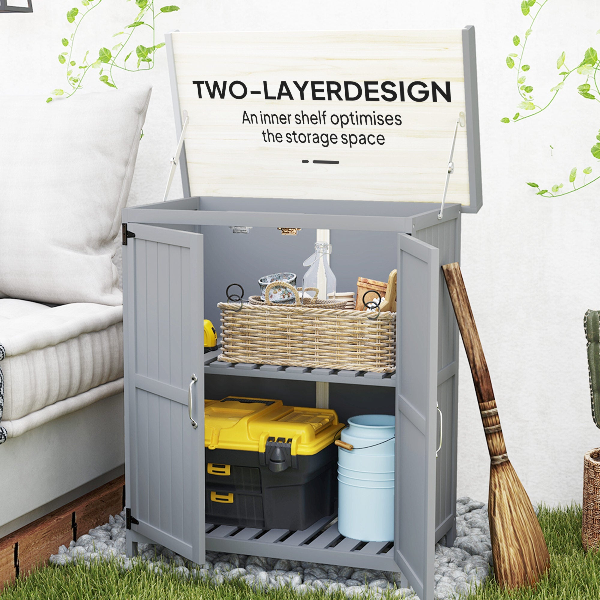 Outsunny Wooden Garden Storage Shed w/Hinged Roof and Shelf, Grey