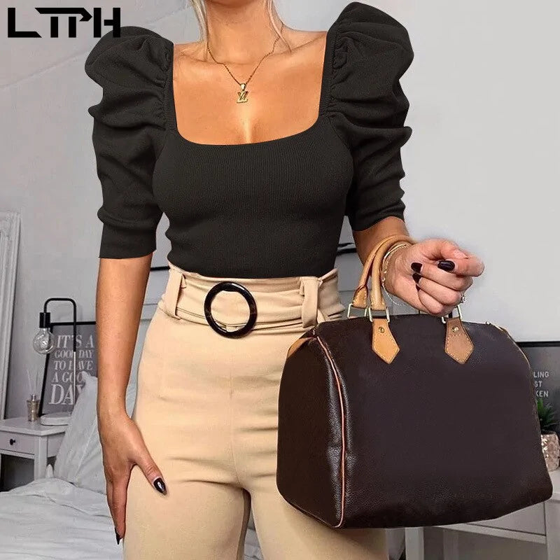 Elegant Puff Sleeves Blouse with Square Neckline - Chic Spring Essential for Effortless Style