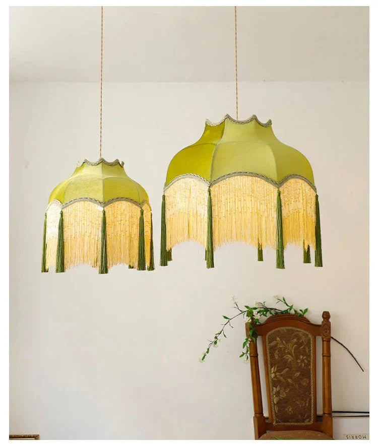 Retro Velvet Tassel Pendant Light – Green Fabric Art Chandelier by SANDYHA