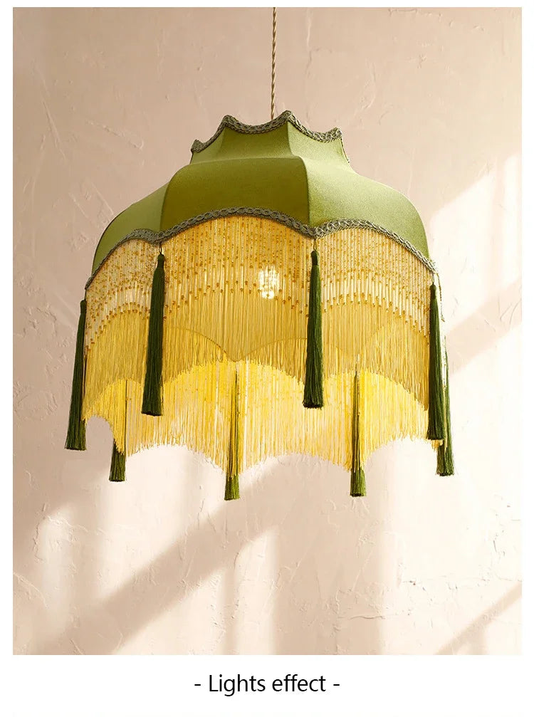 Retro Velvet Tassel Pendant Light – Green Fabric Art Chandelier by SANDYHA