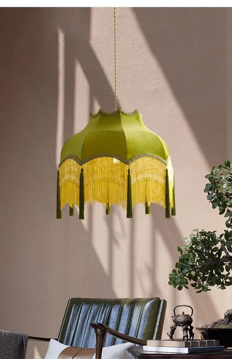 Retro Velvet Tassel Pendant Light – Green Fabric Art Chandelier by SANDYHA