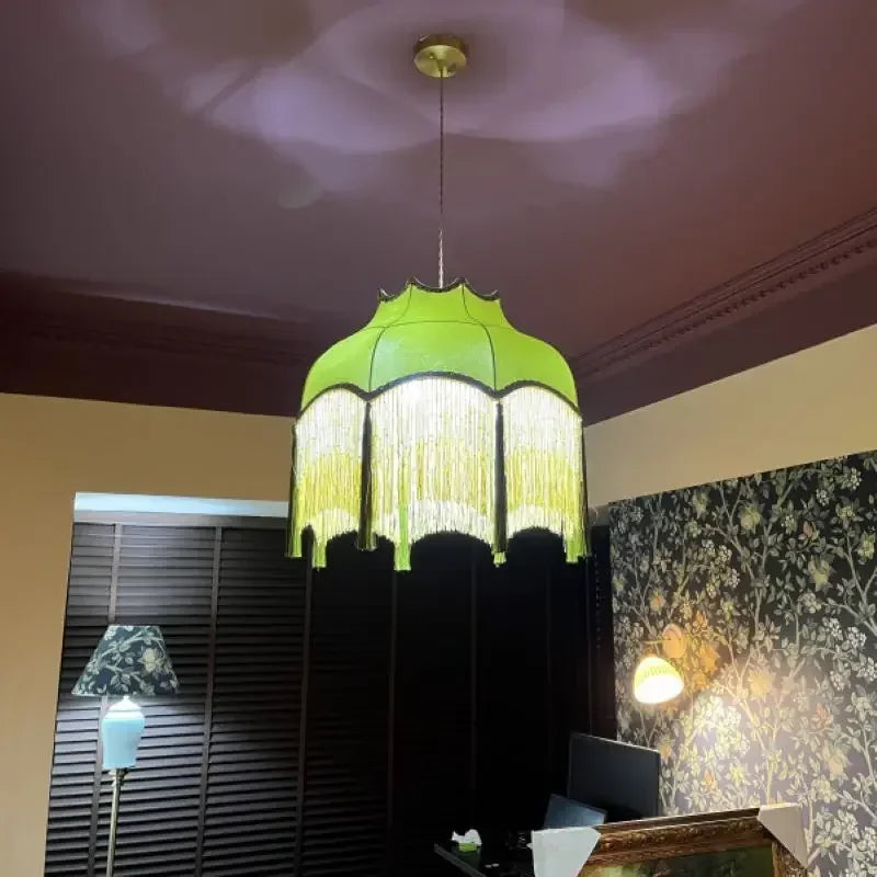 Retro Velvet Tassel Pendant Light – Green Fabric Art Chandelier by SANDYHA