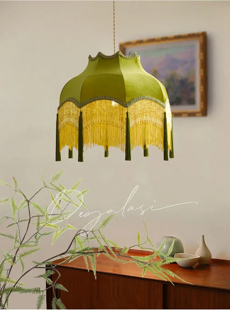 Retro Velvet Tassel Pendant Light – Green Fabric Art Chandelier by SANDYHA