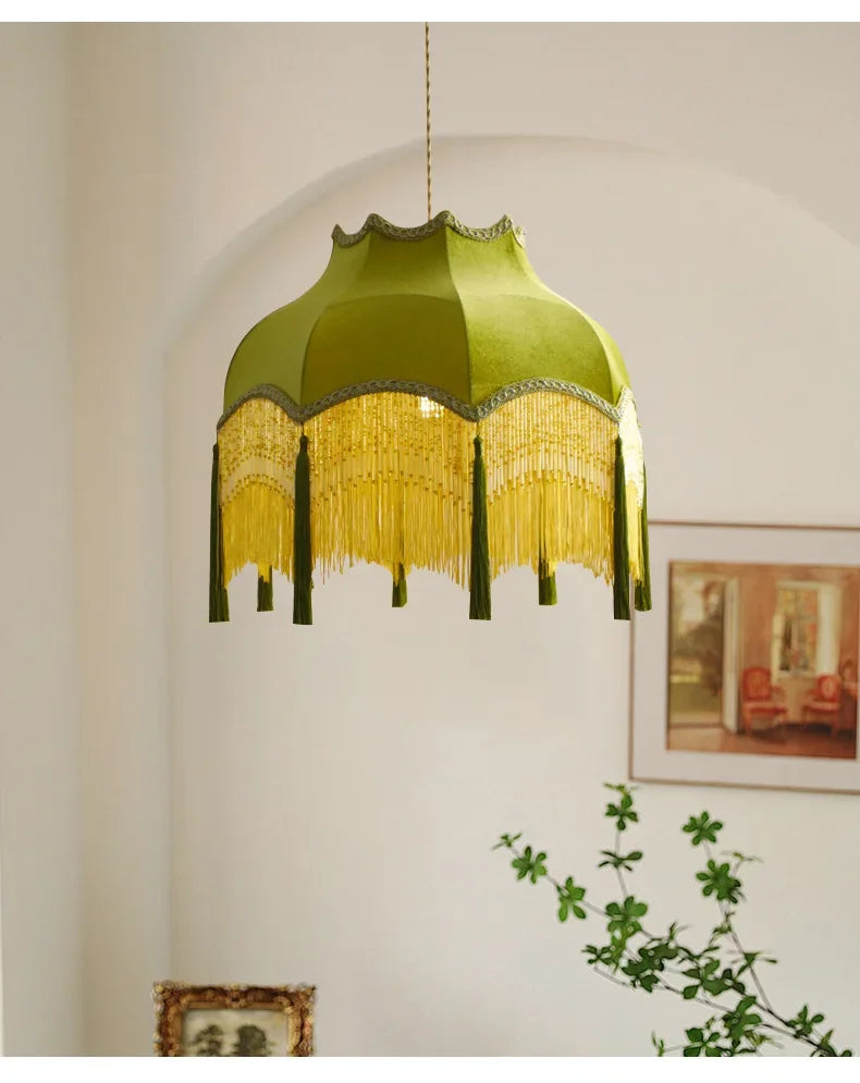 Retro Velvet Tassel Pendant Light – Green Fabric Art Chandelier by SANDYHA