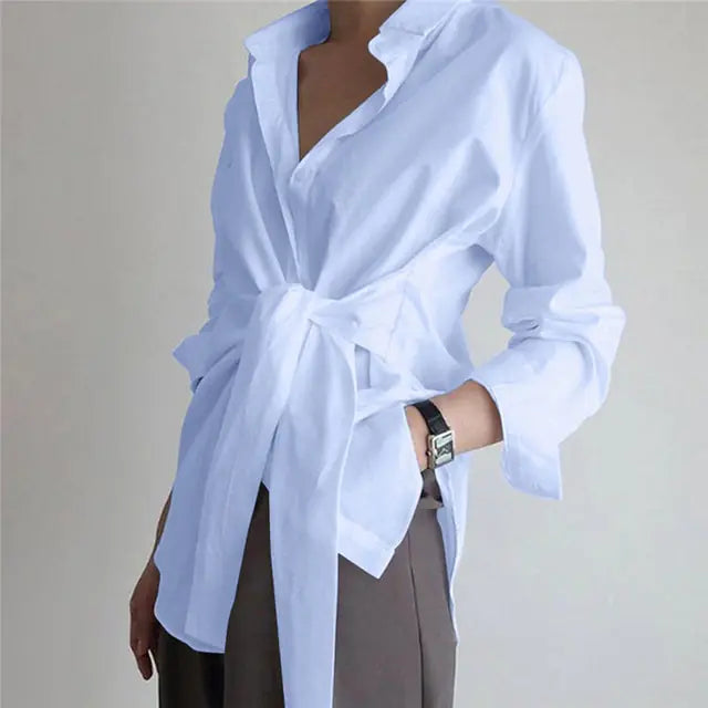 Chic Long Sleeve Ruched Tie Front Blouse for Women - Elegant Office Attire in Black, White, Blue