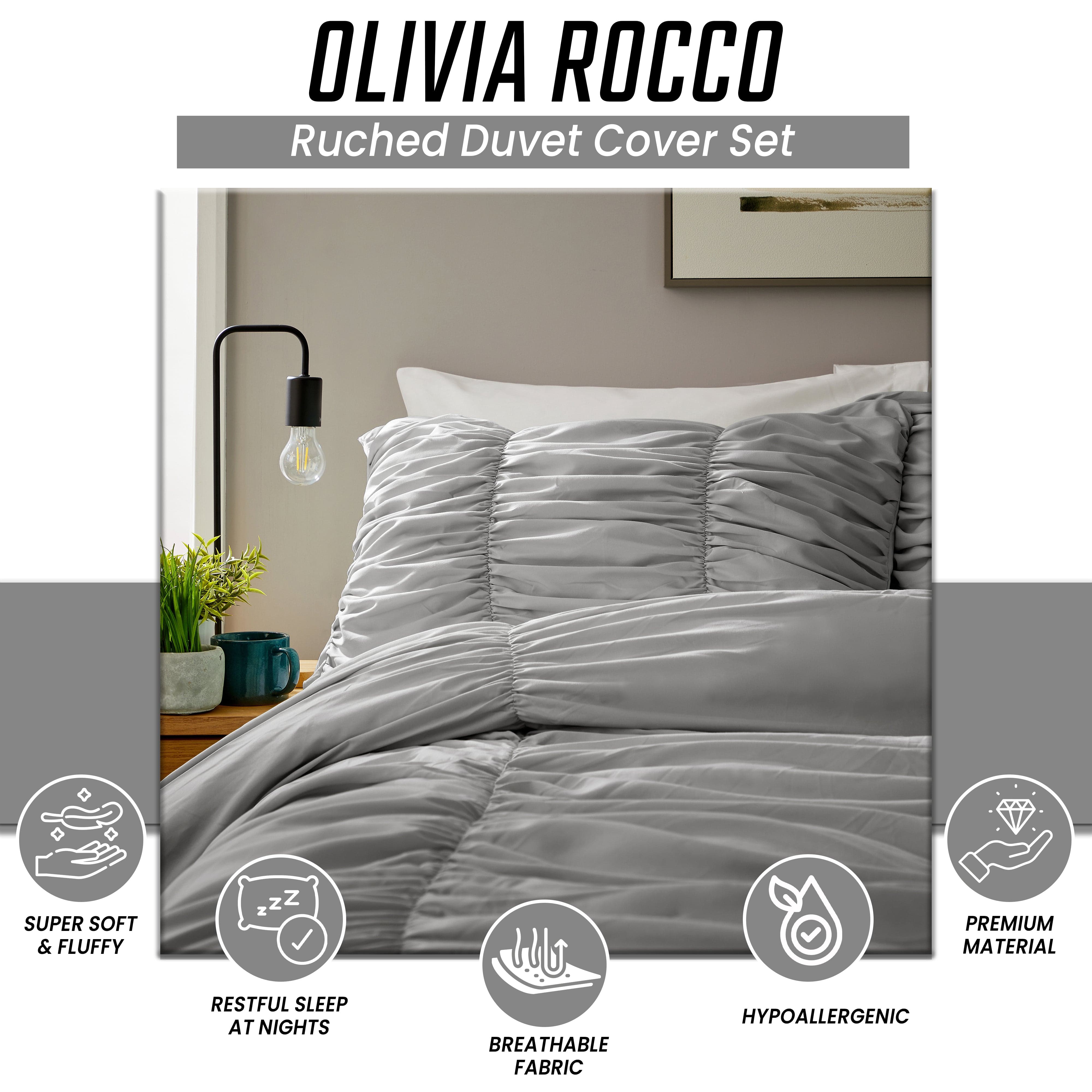 OLIVIA ROCCO Ruched Grey Microfibre Duvet Cover Set With Pillowcases Ruffle Bedding Machine Washable Easy Care Bed Linen For Modern Bedrooms