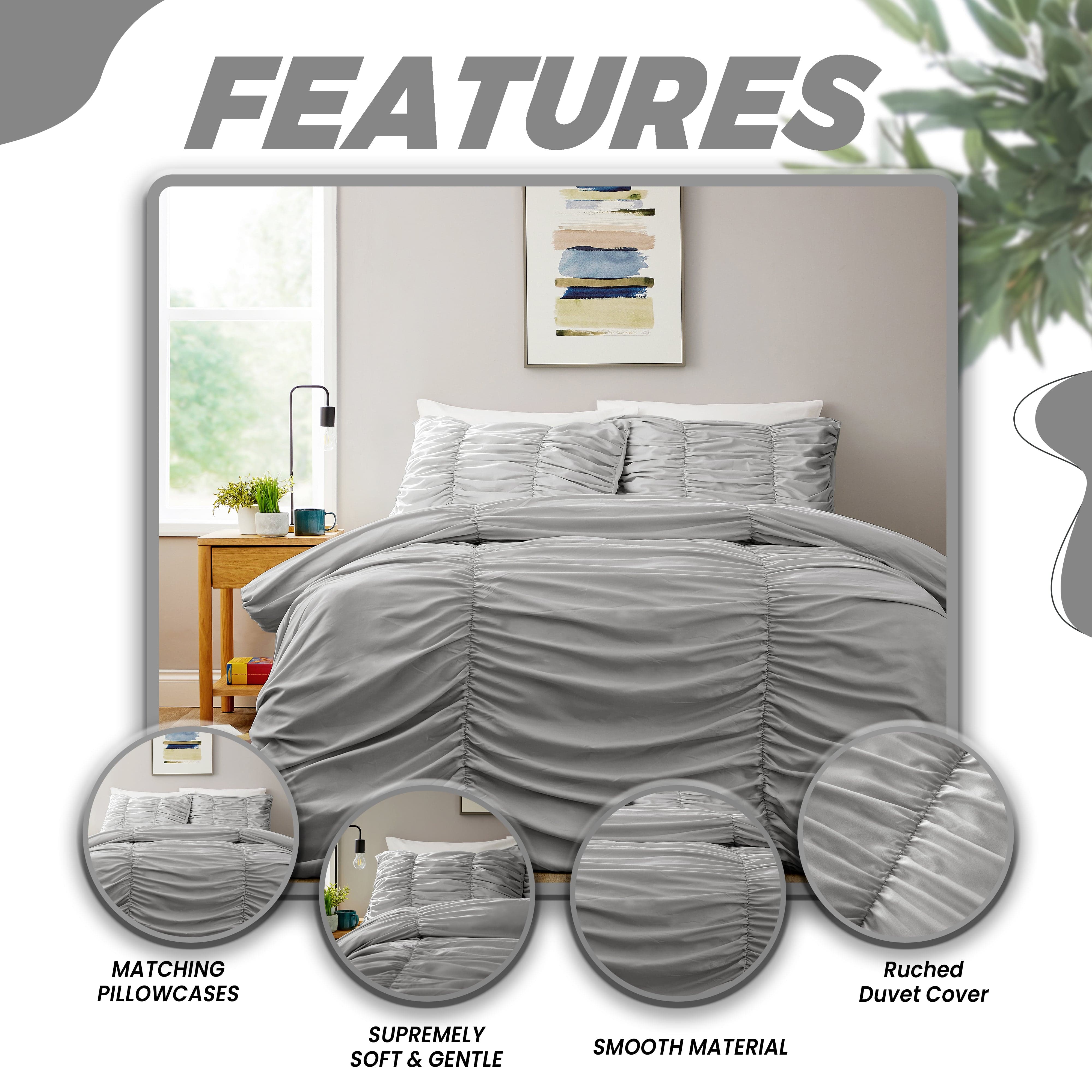 OLIVIA ROCCO Ruched Grey Microfibre Duvet Cover Set With Pillowcases Ruffle Bedding Machine Washable Easy Care Bed Linen For Modern Bedrooms