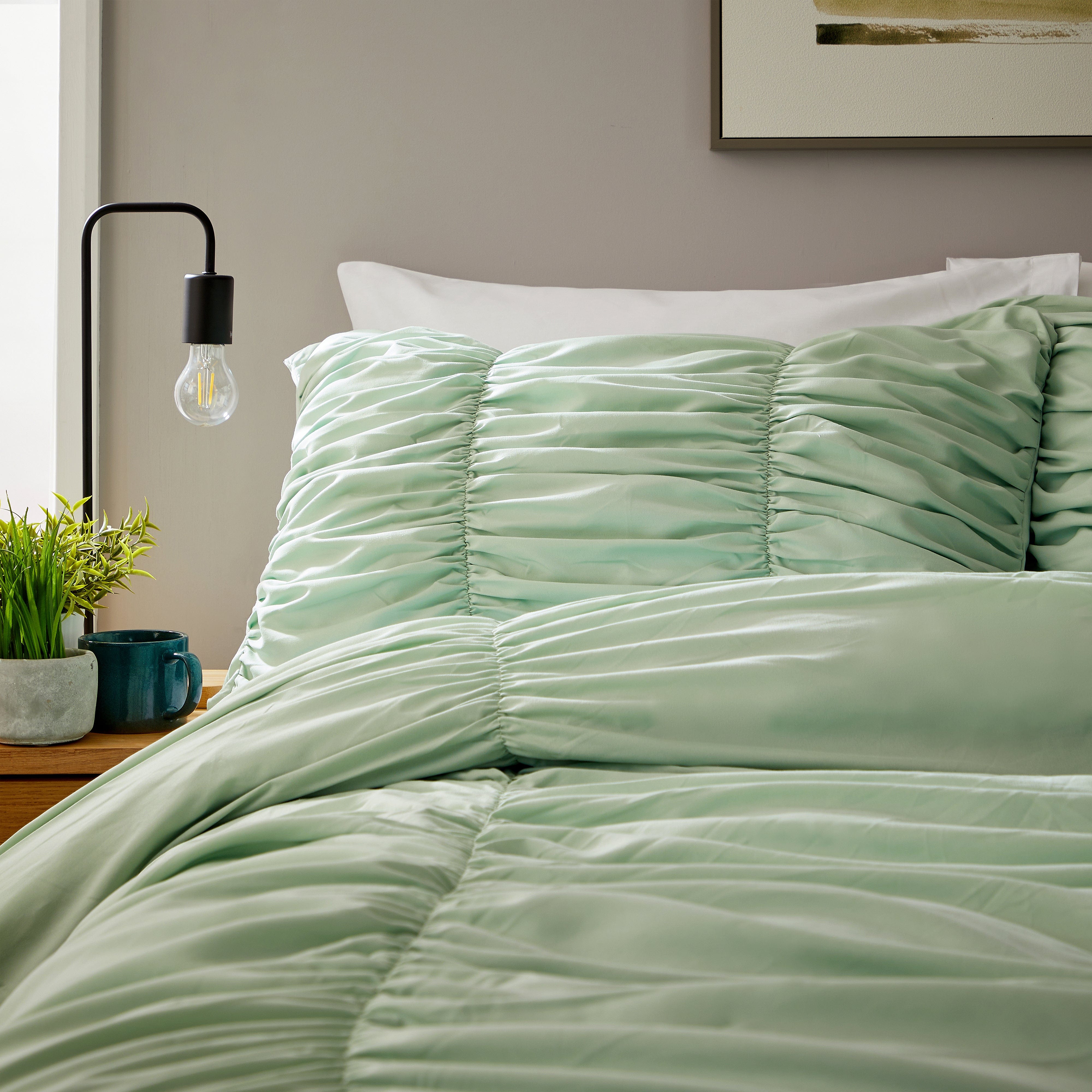OLIVIA ROCCO Ruched Sage Green Microfibre Duvet Cover Set With Pillowcases, Ruffle Bedding, Easy Care, Durable Microfibre Comfort