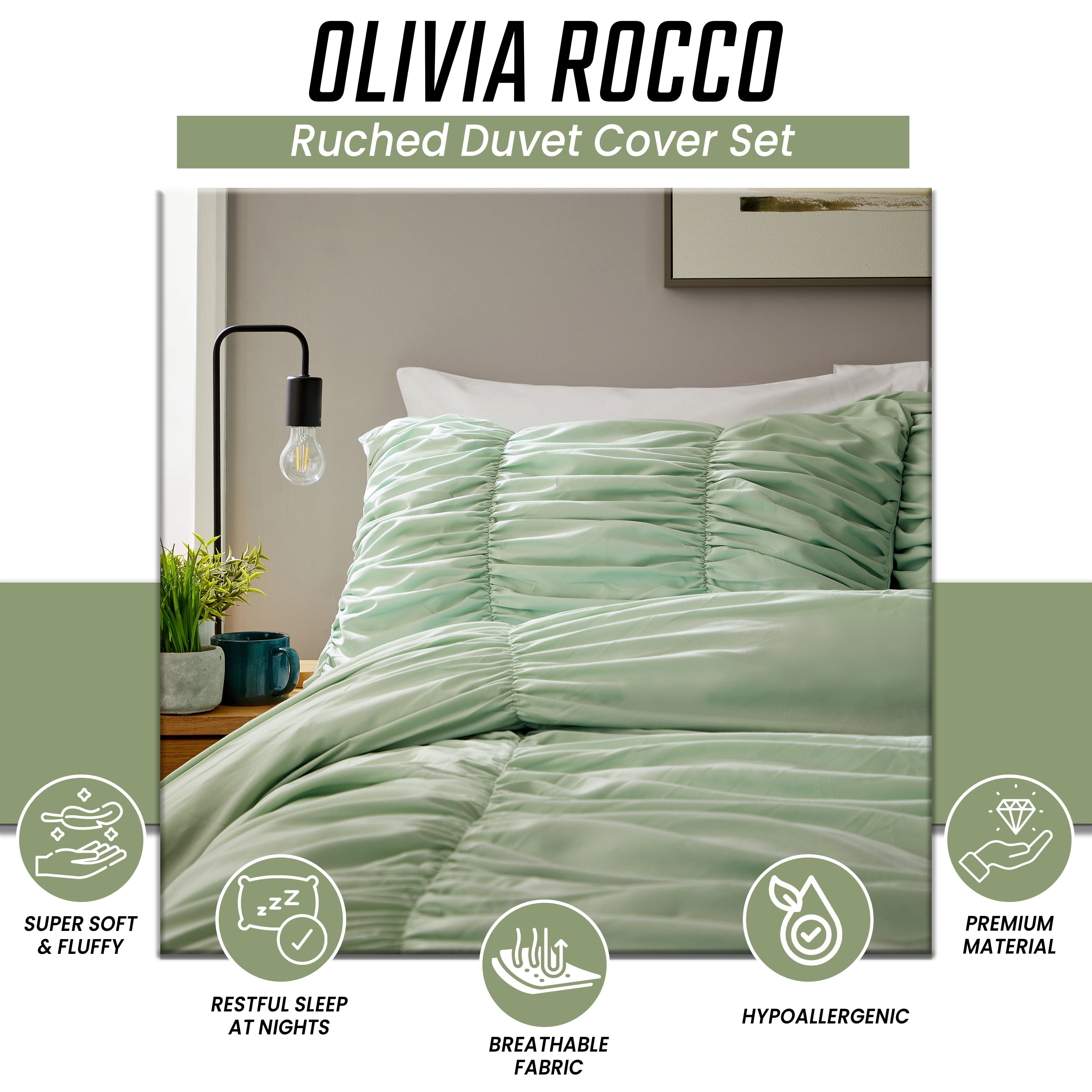 OLIVIA ROCCO Ruched Sage Green Microfibre Duvet Cover Set With Pillowcases, Ruffle Bedding, Easy Care, Durable Microfibre Comfort