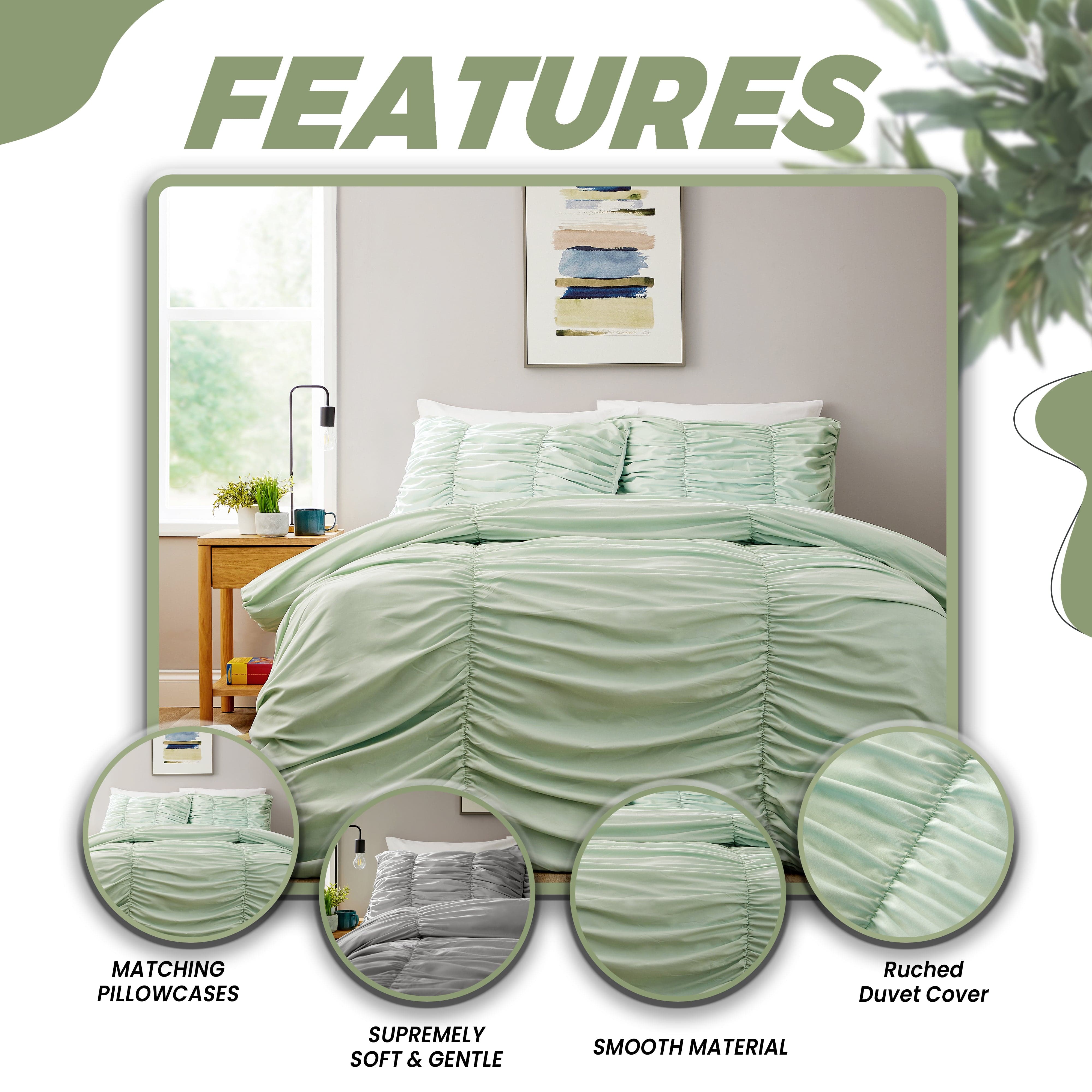 OLIVIA ROCCO Ruched Sage Green Microfibre Duvet Cover Set With Pillowcases, Ruffle Bedding, Easy Care, Durable Microfibre Comfort