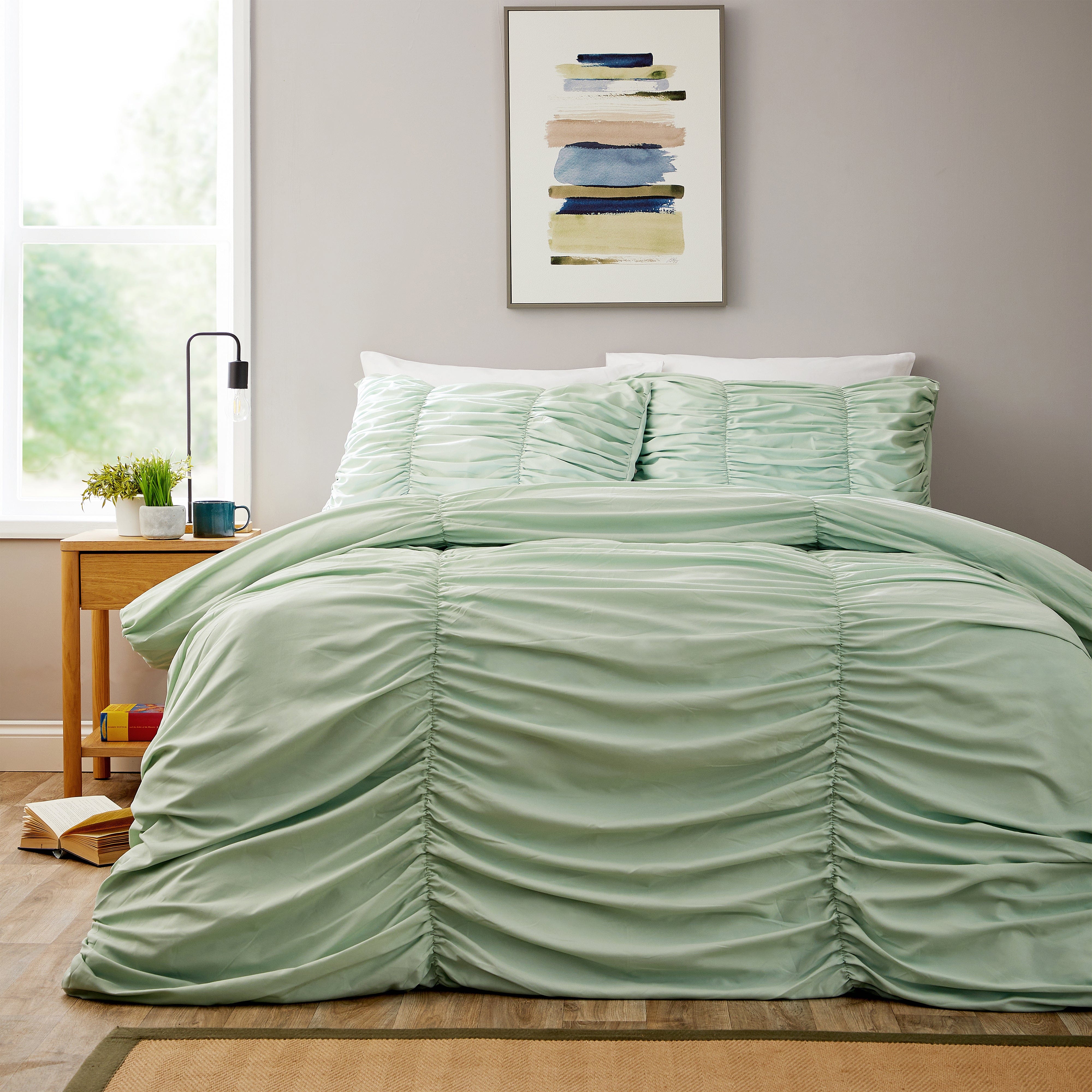 OLIVIA ROCCO Ruched Sage Green Microfibre Duvet Cover Set With Pillowcases, Ruffle Bedding, Easy Care, Durable Microfibre Comfort