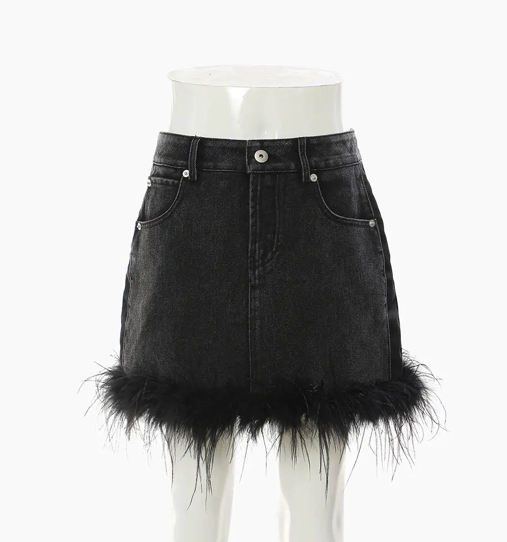 Feathered Elegance A-Line Denim Skirt for Women - Chic High-Rise Summer Fashion