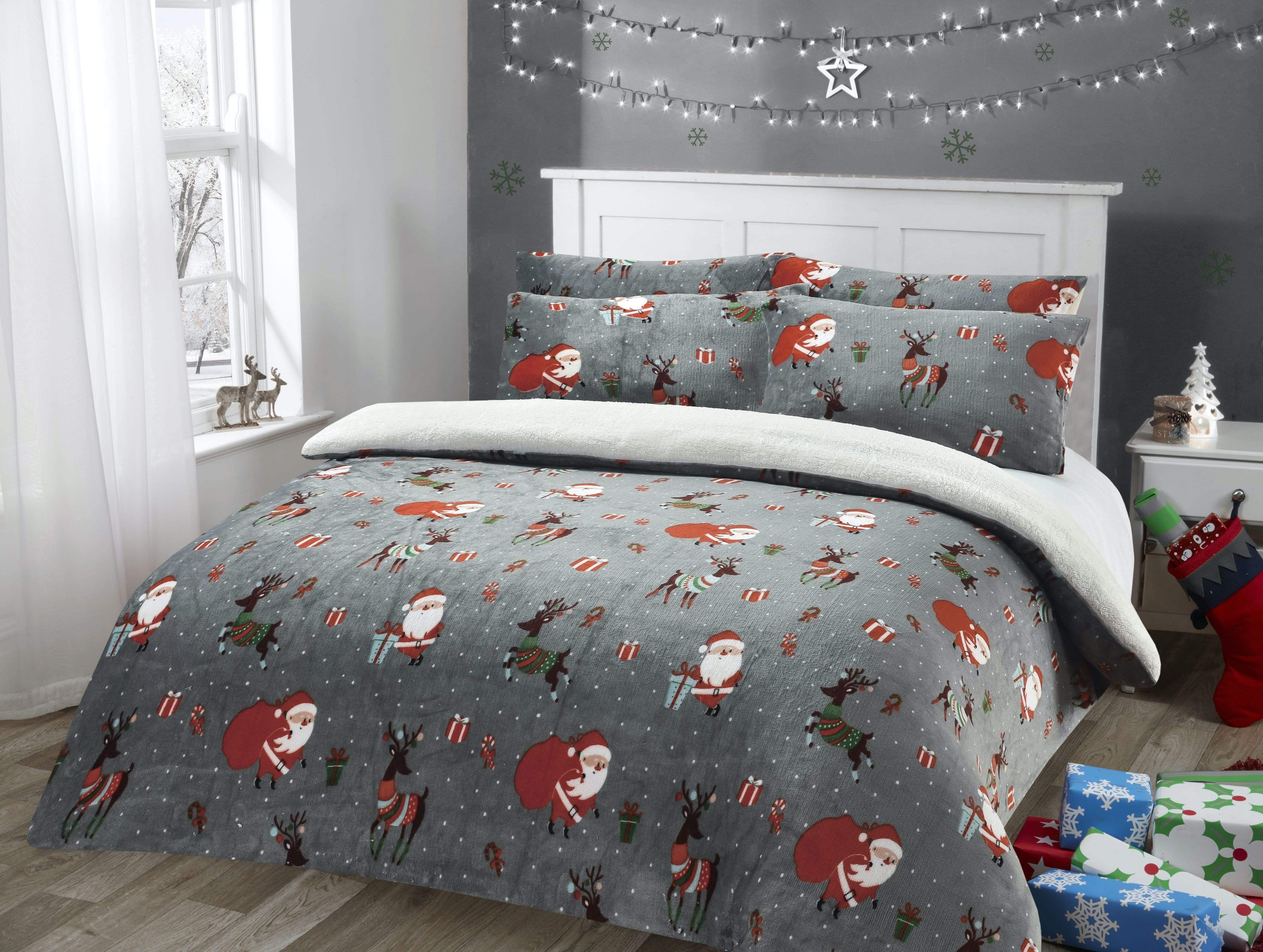 OLIVIA ROCCO Duvet Set Santa Christmas Presents Reversible Teddy Fleece Soft Warm With Faux Fur Bedding OEKO TEX Certified